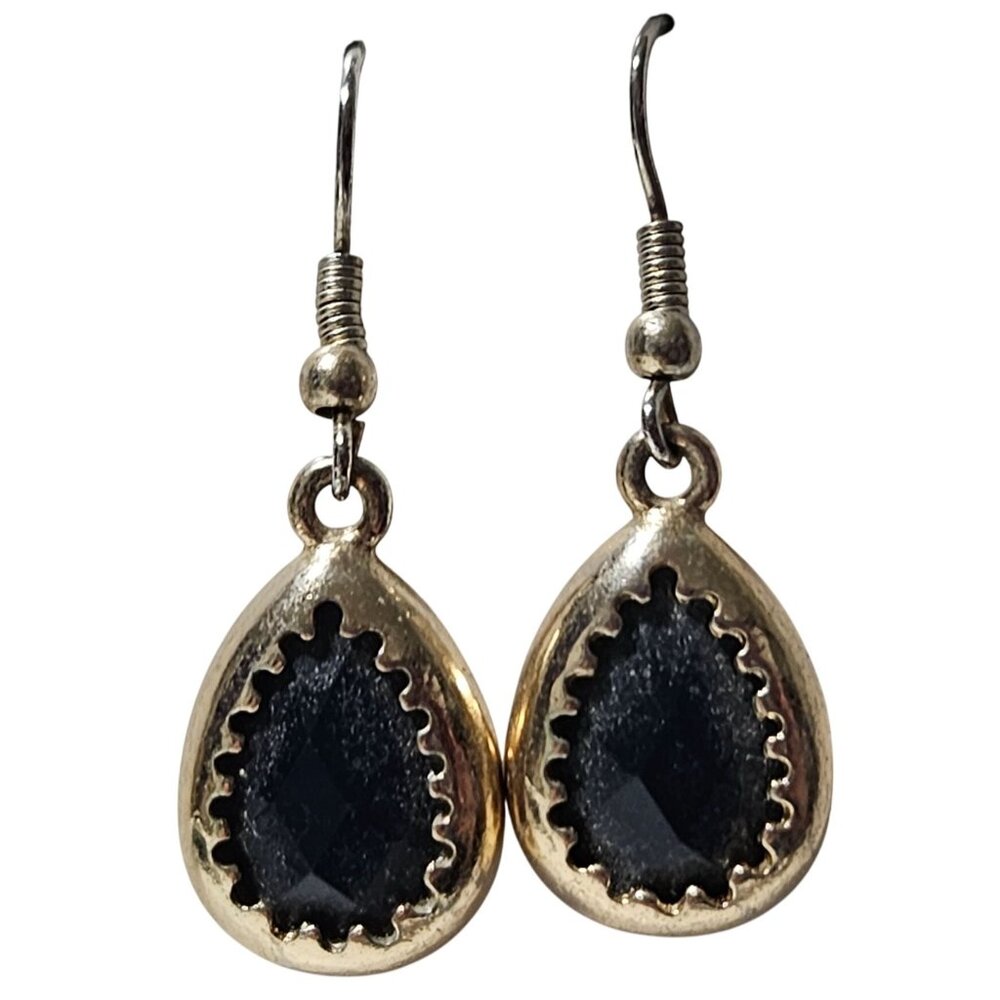 Elegant Retro Gold Tone Black Gemstone Teardrop Earrings Classic Fashion Jewelry